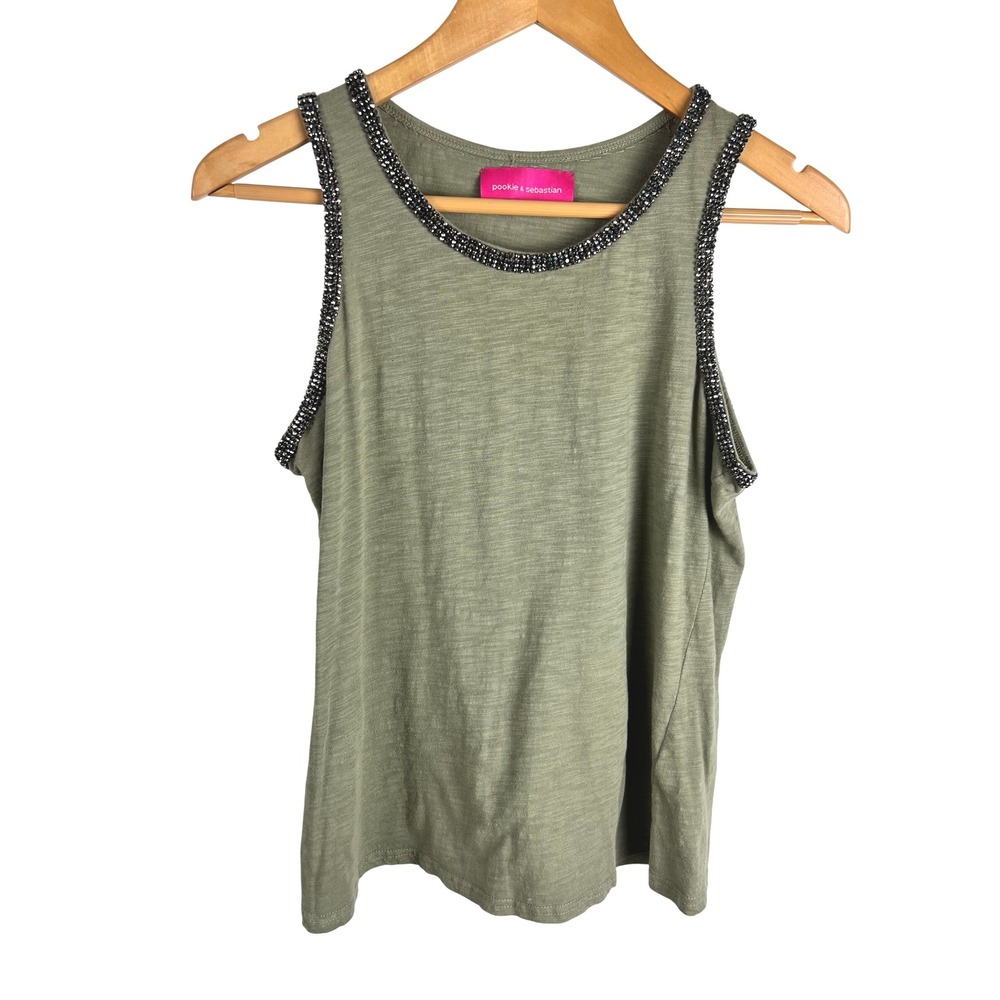 Pookie‎ & Sebastian Olive Green Beaded Neckline Tank Top Womens M Cotton